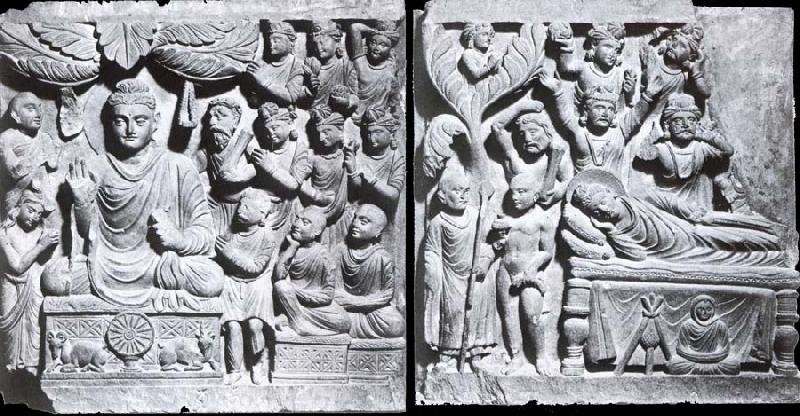 unknow artist Relief from Gandhara with the-first preaching in first preaching in the deer camp-and the death of Buddha, Kushana. oil painting image
